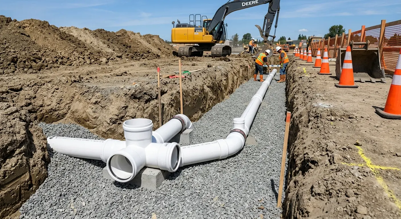 New PVC sewer pipe installation in open trench for Grease Trap Cleaning in Freeport