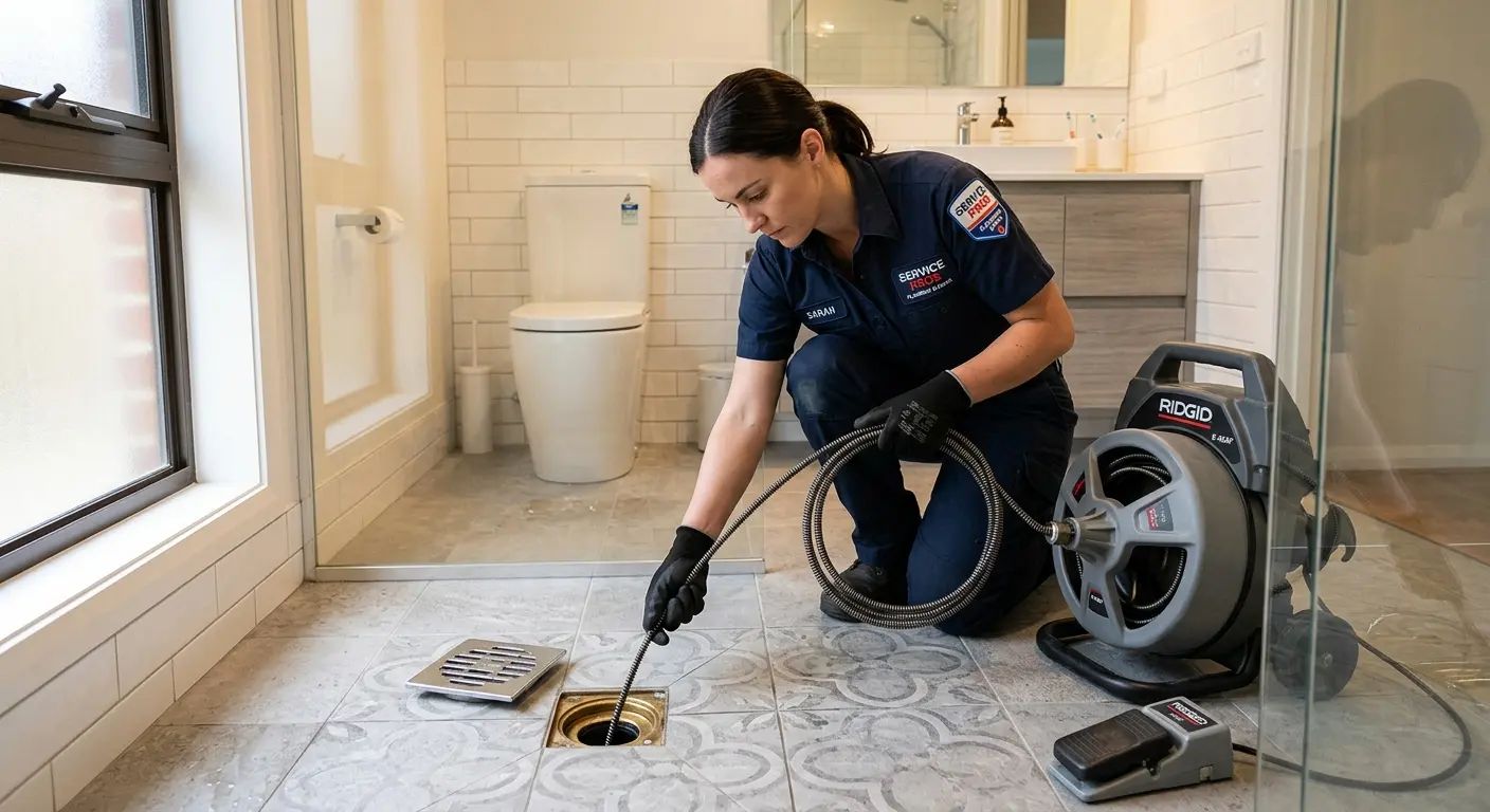 Technician clearing a bathroom floor drain for Sewer Line Installation in Freeport